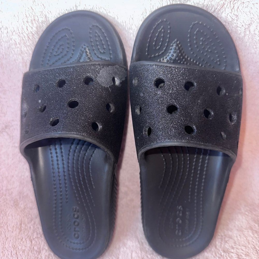 NWOT Men's Size 3/Woman's Size 5 Iconic Comfort Crocs Slide Sandal Glitter Black